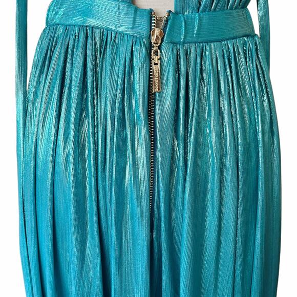 BRONX AND BANCO Romi Metallic Gown Plunge Neckline Dress Teal Turquoise Large 8 - Picture 8 of 13